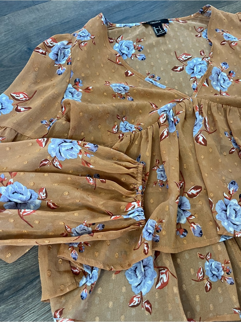 Forever 21 Rust-Orange Boho Floral V-Neck Babydoll Flowy Blouse with Blue Roses - Picture 5 of 9